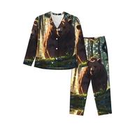 WZYCWB Pigiama caldo a maniche lunghe con motivo orso bruno nella foresta, comodo e caldo, abbigliamento da casa per autunno/inverno, Nero , XL