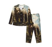 WZYCWB Pigiama caldo a maniche lunghe con motivo orso nella foresta, comodo e caldo, per autunno/inverno, Nero , M
