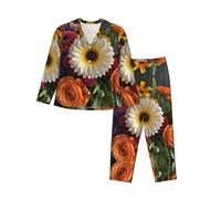 WZYCWB Pigiama da donna a maniche lunghe con stampa bouquet extra large - Set da 2 pezzi - Abbigliamento da casa comodo e casual, Nero , M