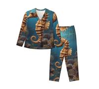 WZYCWB Pigiama da donna a maniche lunghe con stampa cavalluccio marino mediterraneo - Set da 2 pezzi - Comodo e casual Loungewear, Nero , XXL