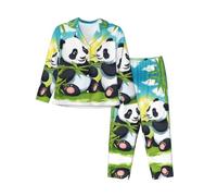WZYCWB Pigiama da donna a maniche lunghe con stampa di due panda felici, set da 2 pezzi, comodo e casual, Nero , L