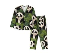 WZYCWB Pigiama da donna a maniche lunghe con stampa di sfondo con panda dei cartoni animati, set da 2 pezzi, comodo e casual, Nero , XL
