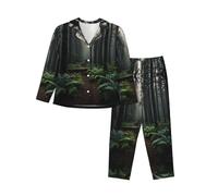 WZYCWB Pigiama da donna a maniche lunghe con stampa profonda nella foresta, set da 2 pezzi, comodo e casual, Nero , XL