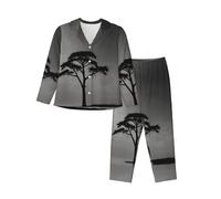 WZYCWB Pigiama da donna a maniche lunghe con stampa silhouette cipresso - Set da 2 pezzi - Abbigliamento da casa comodo e casual, Nero , XL