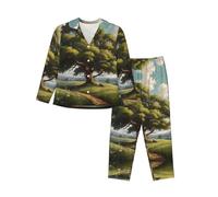 WZYCWB Pigiama da donna a maniche lunghe con stampa verde campagna, set da 2 pezzi, comodo e casual, Nero , S