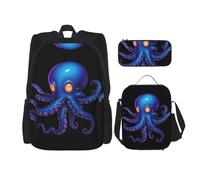 WZYCWB Pixel Octopus Set zaino (set da 3 pezzi) - borsa per la scuola per studenti + astuccio + borsa per il pranzo, zaino di grande capacità