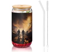 WZYCWB Pompieri che combattono incendi da 16 once coperchio di bambù tazza di vetro tazza di vetro tazze da caffè ghiacciato carino tazze da tè ghiacciato tazze da birra ideali per accessori bar caffè