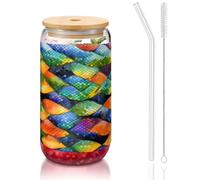 WZYCWB Rainbow Fish Scale 16oz coperchio in bambù tazza di vetro tazza di vetro tazze da caffè ghiacciato carino tazze da tè ghiacciato tazze da birra ideali per accessori bar caffè regali estetici
