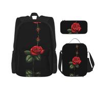 WZYCWB Red Rose Campus Life Zaino Set (3 pezzi) - Borsa per la scuola + astuccio + borsa per il pranzo, soddisfa tutte le esigenze quotidiane degli studenti