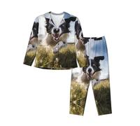WZYCWB Running Border Collie stampa pigiama da donna a maniche lunghe set 2 pezzi - morbido e caldo per autunno e inverno, Nero , XL