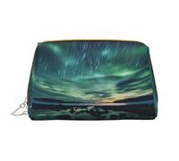 WZYCWB Sea under the Aurora Borealis Borsa cosmetica in pelle con tasche, borsa cosmetica portatile da viaggio, borsa cosmetica di grande capacità,