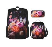 WZYCWB Set di 3 zaini con farfalle e Fresh Bush Campus Life (3 pezzi) - borsa per la scuola + astuccio + borsa per il pranzo, soddisfa tutte le esigenze quotidiane degli studenti. Nero, taglia unica