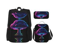 WZYCWB Set di 3 zaini con funghi e nuvole, colori fluo, borsa per la scuola per studenti + astuccio + borsa per il pranzo, zaino di grande capacità