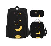 WZYCWB Set di 3 zaini con gatto nero e luna, borsa per la scuola per studenti + astuccio + borsa per il pranzo, zaino di grande capacità