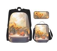 WZYCWB Set di 3 zaini con girasoli sotto il davanzale della finestra - borsa per la scuola per studenti + astuccio + borsa per il pranzo, zaino di grande capacità