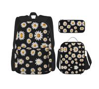 WZYCWB Set di 3 zaini con margherite, borsa per la scuola per studenti + astuccio + borsa per il pranzo, zaino di grande capacità