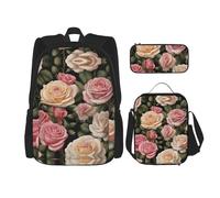 WZYCWB Set di 3 zaini con molte belle rose (set da 3 pezzi), borsa per la scuola per studenti + astuccio + borsa per il pranzo, zaino di grande capacità, nero, Taglia unica