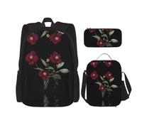 WZYCWB Set di 3 zaini con rose rosse in fiore (set da 3 pezzi), borsa per la scuola per studenti + astuccio + borsa per il pranzo, zaino di grande capacità
