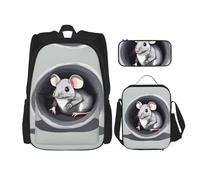WZYCWB Set di 3 zaini con topo nel foro - borsa per la scuola per studenti + astuccio + borsa per il pranzo, zaino di grande capacità, nero, Taglia unica