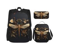WZYCWB Set di 3 zaini dorati con libellula, borsa per la scuola per studenti + astuccio + borsa per il pranzo, zaino di grande capacità, nero, Taglia unica