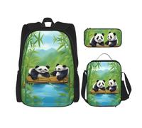 WZYCWB Set di due simpatici panda (set da 3 pezzi) - borsa per la scuola per studenti + astuccio + borsa per il pranzo, zaino di grande capacità