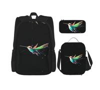 WZYCWB Set di zaini colorati con colibrì (set da 3 pezzi) - borsa per la scuola per studenti + astuccio + borsa per il pranzo, zaino di grande capacità