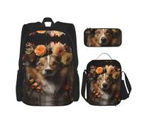 WZYCWB Set di zaino campus life con cane ragazza con fiori (3 pezzi) - borsa per la scuola + astuccio + borsa per il pranzo, soddisfa tutte le esigenze quotidiane degli studenti. Nero, taglia unica