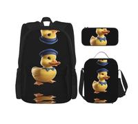 WZYCWB Set di zaino con cappello giallo anatra (set da 3 pezzi) - borsa per la scuola per studenti + astuccio + borsa per il pranzo, zaino di grande capacità