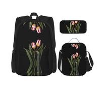 WZYCWB Set di zaino con fiori di tulipano (set da 3 pezzi) - borsa per la scuola per studenti + astuccio + borsa per il pranzo, zaino di grande capacità