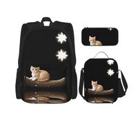 WZYCWB Set di zaino con gattino che guarda le stelle (set da 3 pezzi) - borsa per la scuola per studenti + astuccio + borsa per il pranzo, zaino di grande capacità