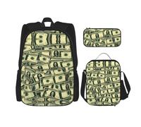 WZYCWB Set di zaino con molti dollari dei cartoni animati (set da 3 pezzi) - borsa per la scuola per studenti + astuccio + borsa per il pranzo, zaino di grande capacità