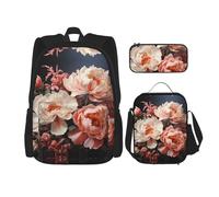 WZYCWB Set di zaino con peonie bianche brillanti (set da 3 pezzi), borsa per la scuola per studenti + astuccio + borsa per il pranzo, zaino di grande capacità