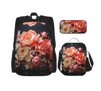 WZYCWB Set di zaino con peonie dai colori vivaci (set da 3 pezzi) - borsa per la scuola per studenti + astuccio + borsa per il pranzo, zaino di grande capacità
