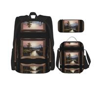 WZYCWB Set zaino Campus Life (3 pezzi) con montagne e fiumi lontani, borsa per la scuola + astuccio + borsa per il pranzo, soddisfa tutte le esigenze quotidiane degli studenti