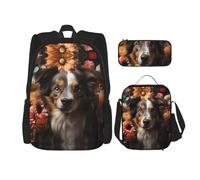 WZYCWB Set zaino con cane carino con fiori (set da 3 pezzi) - borsa per la scuola per studenti + astuccio + borsa per il pranzo, zaino di grande capacità