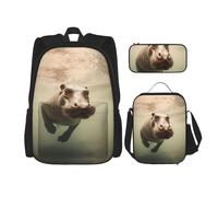 WZYCWB Set zaino ippopotamo (set da 3 pezzi) - borsa per la scuola per studenti + astuccio + borsa per il pranzo, zaino di grande capacità