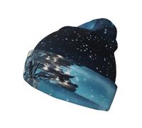 WZYCWB Snowy Night - Cappello lavorato a maglia con stampa albero di Natale, caldo e traspirante, versatile, per la stagione fredda, nero