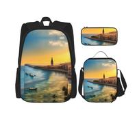 WZYCWB Sunset in Barcelona Campus Life zaino (3 pezzi) - borsa per la scuola + astuccio + borsa per il pranzo, soddisfa tutte le esigenze quotidiane degli studenti!, nero, taglia unica, Nero , Taglia