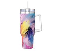WZYCWB Tazza di ghiaccio con motivo a piume colorate, tazza sottovuoto a doppio strato in acciaio inox, a prova di perdite e portatile