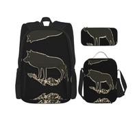 WZYCWB Timberwolf Silhouette Set zaino (set da 3 pezzi) - borsa per la scuola per studenti + astuccio + borsa per il pranzo, zaino di grande capacità