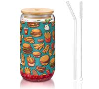 WZYCWB un sacco di cartone animato hamburger patatine fritte 16oz bambù coperchio paglia tazza di vetro tazze da caffè ghiacciato carino tazze da tè freddo tazze da birra ideali per accessori bar