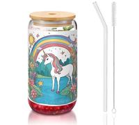 WZYCWB Unicorni vicino al fiume 16 once coperchio di bambù tazza di vetro tazza di vetro tazze da caffè ghiacciato carino tazze da tè freddo tazze da birra tazze ideali per caffè accessori bar regali