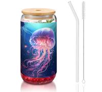 WZYCWB Wandering Medusa 473,6 ml coperchio in bambù tazza di vetro tazza di vetro tazze da caffè ghiacciato carino tazze da tè ghiacciato tazze da birra ideali per accessori bar caffè regali estetici