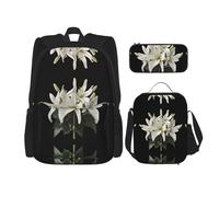 WZYCWB Zaino con giglio bianco (set da 3 pezzi), zaino di grande capacità, borsa per la scuola per studenti, astuccio, borsa per il pranzo
