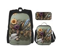 WZYCWB Zaino con piume e fiori (set da 3 pezzi), zaino di grande capacità, borsa per la scuola per studenti, astuccio, borsa per il pranzo