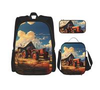 WZYCWB Zaino da scuola con trattore rosso + astuccio + borsa per il pranzo zaino combinato adatto per gli spostamenti quotidiani