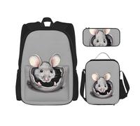 WZYCWB Zaino da scuola grigio con topo + astuccio + borsa per il pranzo zaino combinato adatto per gli spostamenti quotidiani