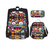 WZYCWB Zaino divertente con faccia di gatto (set da 3 pezzi), zaino di grande capacità, borsa per la scuola per studenti, astuccio, borsa per il pranzo