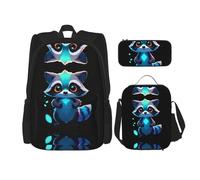 WZYCWB Zaino Glow Raccoon (set da 3 pezzi), zaino di grande capacità, borsa per la scuola per studenti, astuccio, borsa per il pranzo