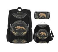 WZYCWB Zaino Grizzly Bear (set da 3 pezzi), zaino di grande capacità, borsa per la scuola per studenti, astuccio, borsa per il pranzo